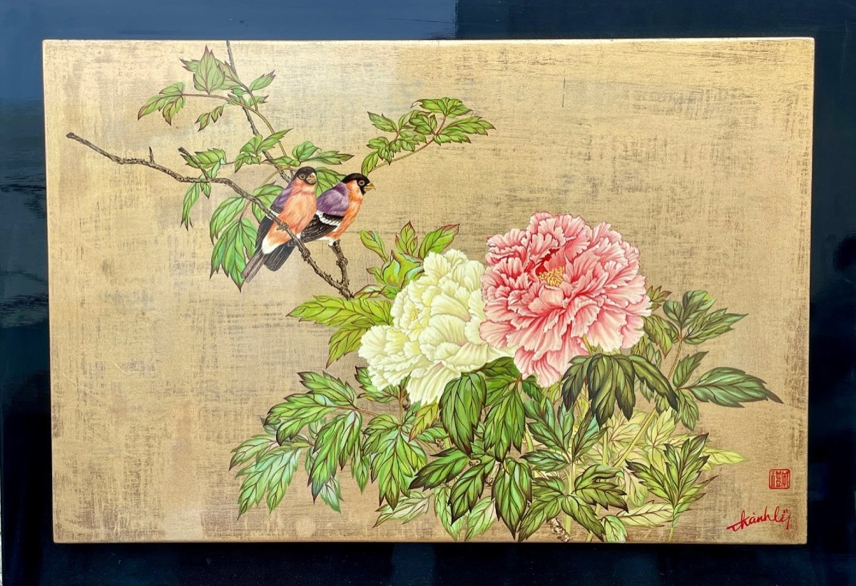 Thanh Ley 款三鱼漆屏, Trendy Birds And Peonies, Lacquer On Panel. 