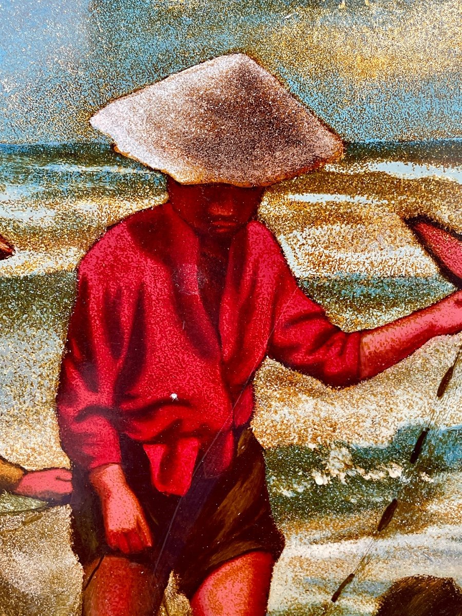 Vietnam (20th Century), Fishermen, Lacquer On Panel - Width: 76 Cm. -photo-2