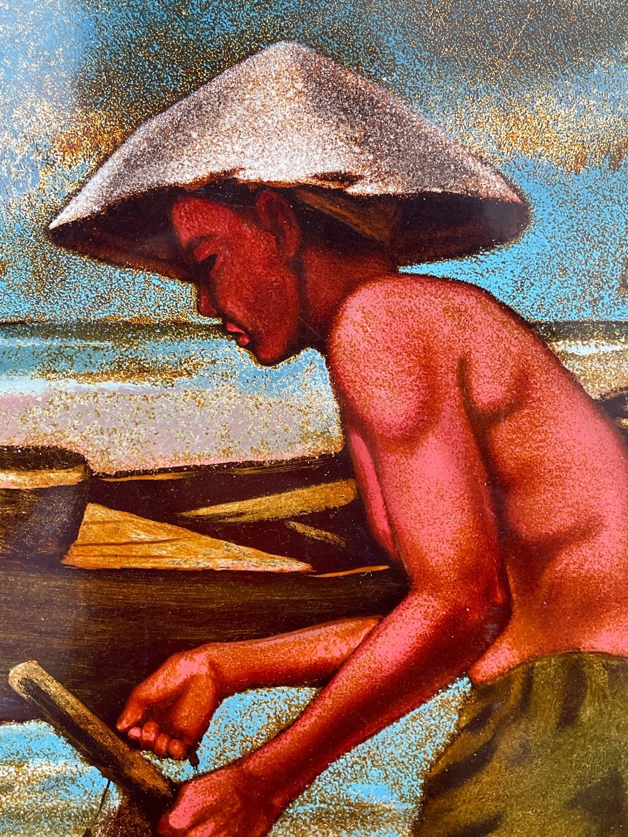 Vietnam (20th Century), Fishermen, Lacquer On Panel - Width: 76 Cm. -photo-3