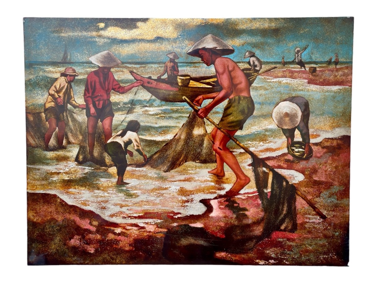 Vietnam (20th Century), Fishermen, Lacquer On Panel - Width: 76 Cm. -photo-7