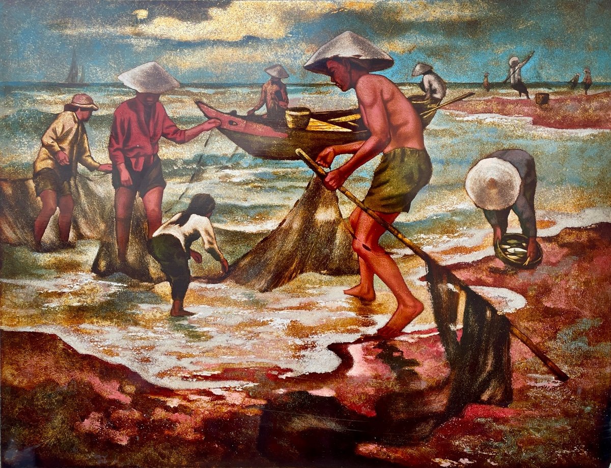 Vietnam (20th Century), Fishermen, Lacquer On Panel - Width: 76 Cm. 