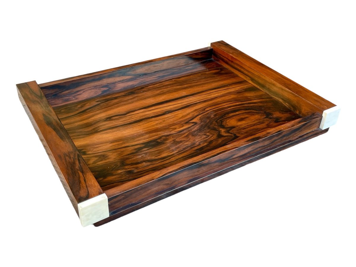 Elegant Art Deco Tray In Macassar Ebony And Ivory - Width: 54.3 Cm. 