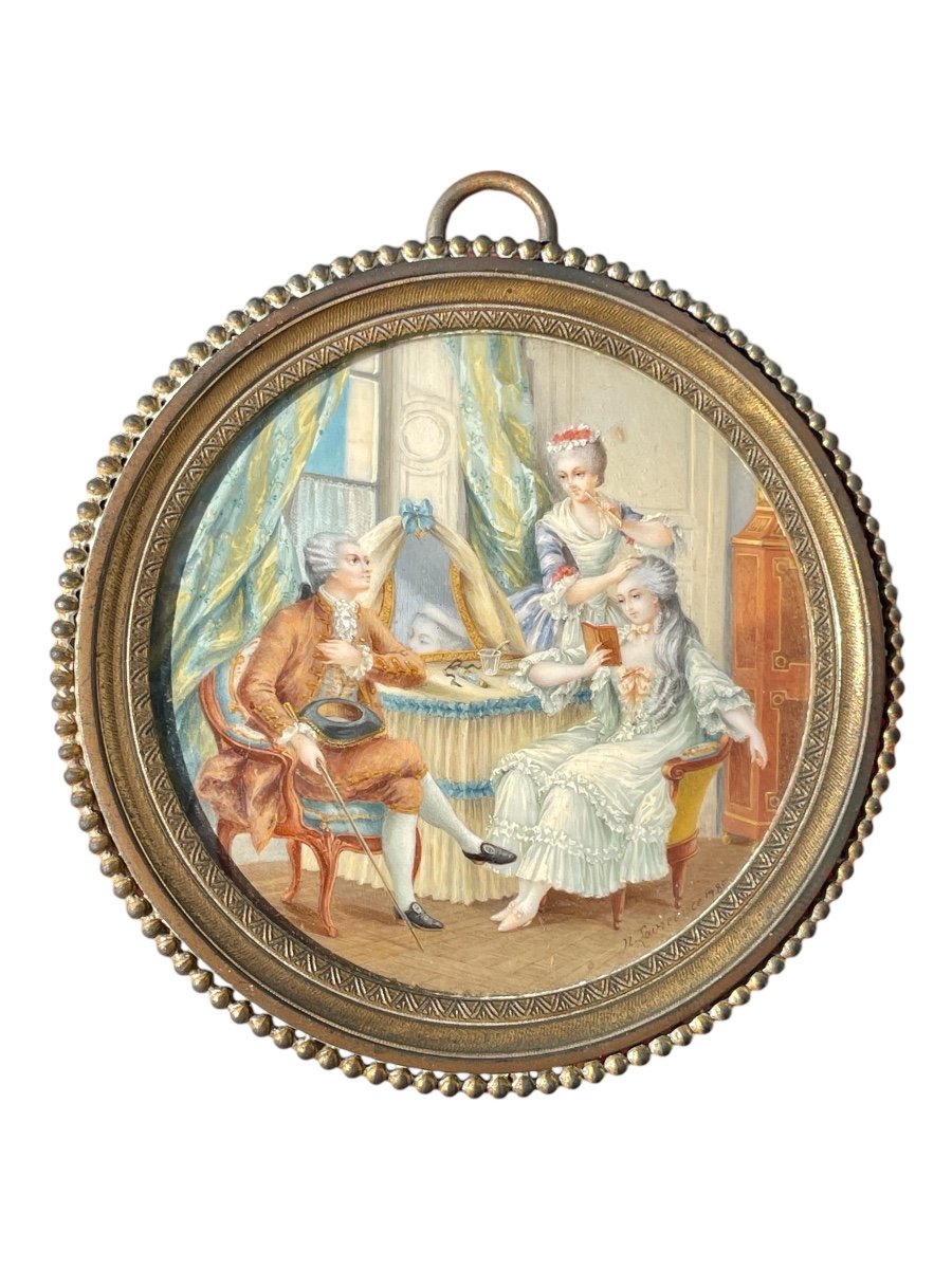 Nicolas Lavreince (1737-1807) - Miniature Circulaire Sur Ivoire, La Visite - Diam : 7,5 Cm. 