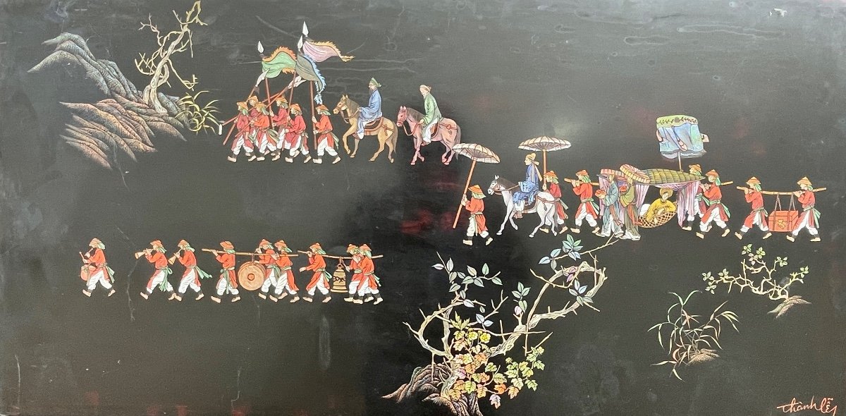 Nguyễn Than Lễy (1919-2003) - The Procession - Lacquer On Panel - Width. : 120.5 Cm. 