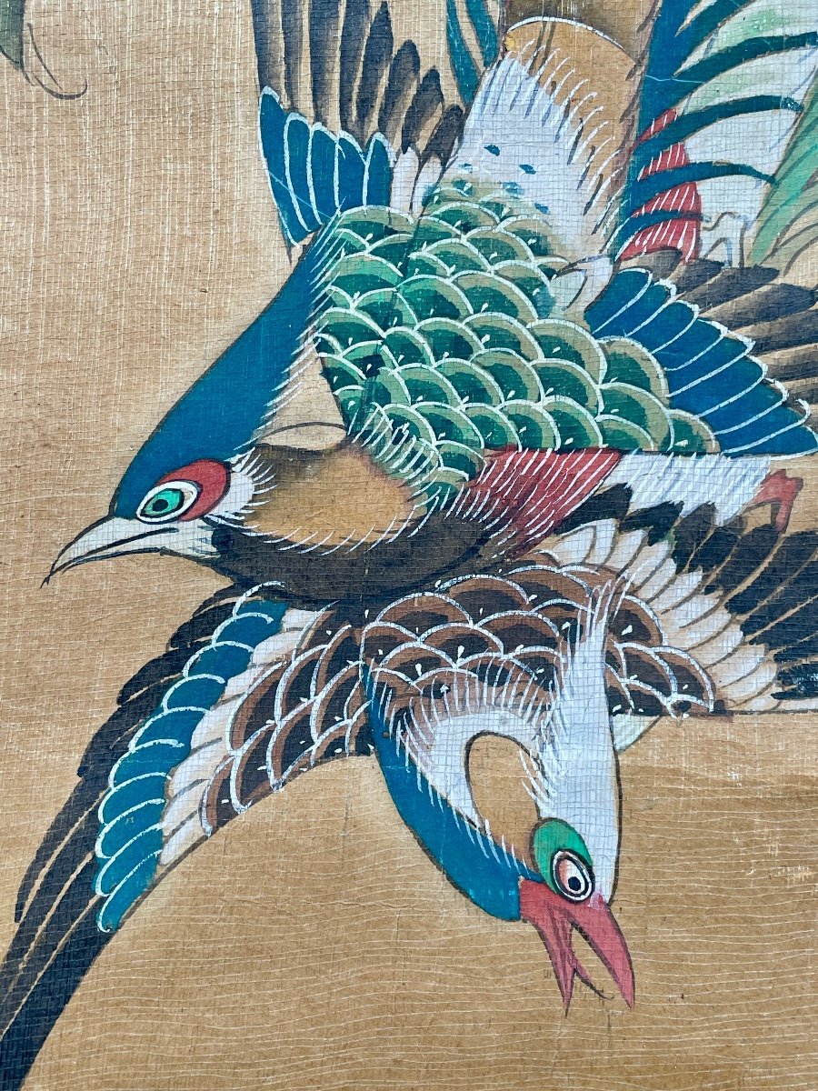 Chine, XIXe Siècle - Oiseaux Branchés - Gouache Sur Papier - Haut. 80 Cm. -photo-2