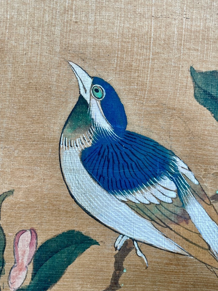 Chine, XIXe Siècle - Oiseaux Branchés - Gouache Sur Papier - Haut. 80 Cm. -photo-3