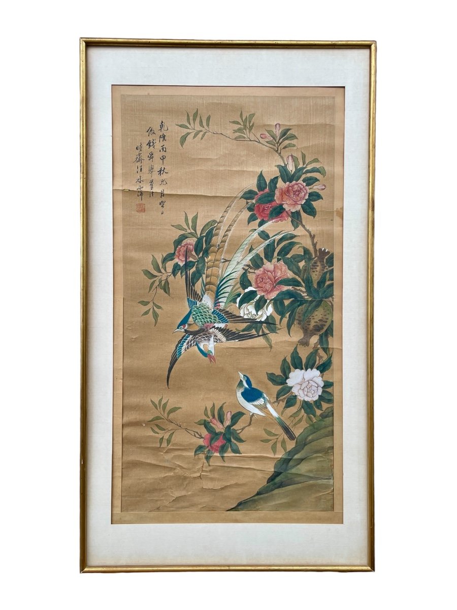 Chine, XIXe Siècle - Oiseaux Branchés - Gouache Sur Papier - Haut. 80 Cm. -photo-6