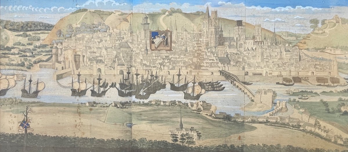 The Great View Of Rouen After Jacques Le Lieur - Enhanced Engraving - Width: 124.5 Cm. 