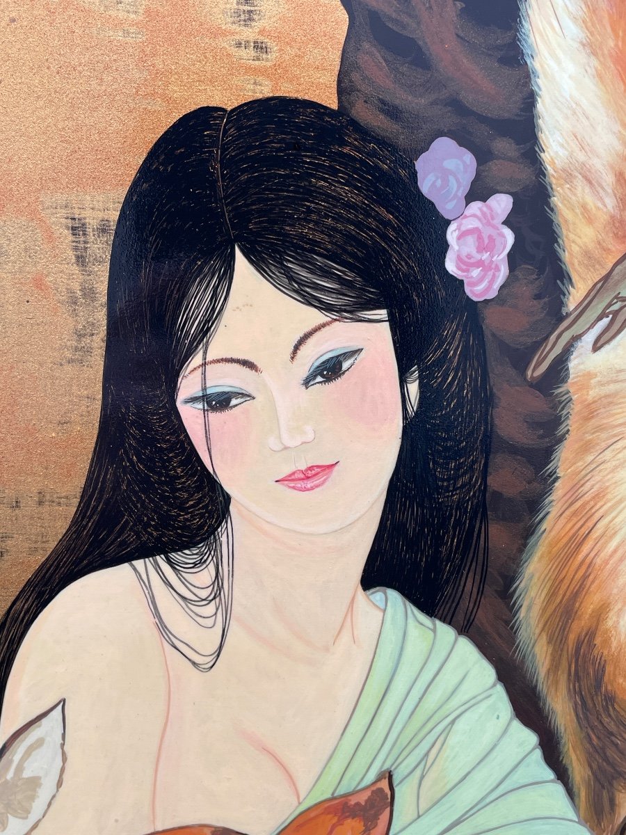 Nguyen Than Loy (1919-2003) - Young Girl With Animals - Lacquer - Height: 120.5 Cm. -photo-2