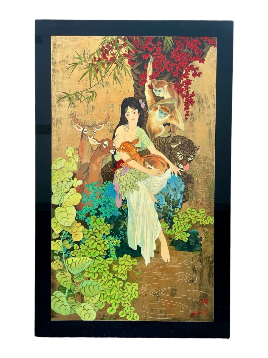 Nguyen Than Loy (1919-2003) - Young Girl With Animals - Lacquer - Height: 120.5 Cm. -photo-6