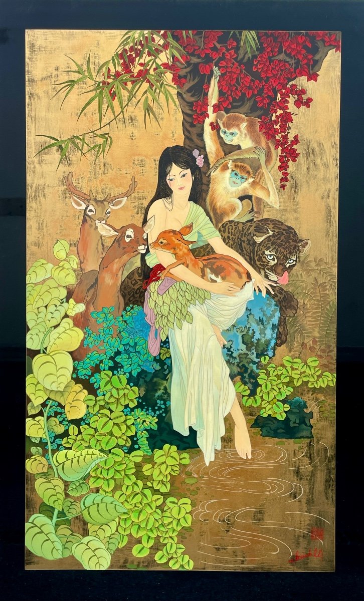 Nguyen Than Loy (1919-2003) - Young Girl With Animals - Lacquer - Height: 120.5 Cm. 