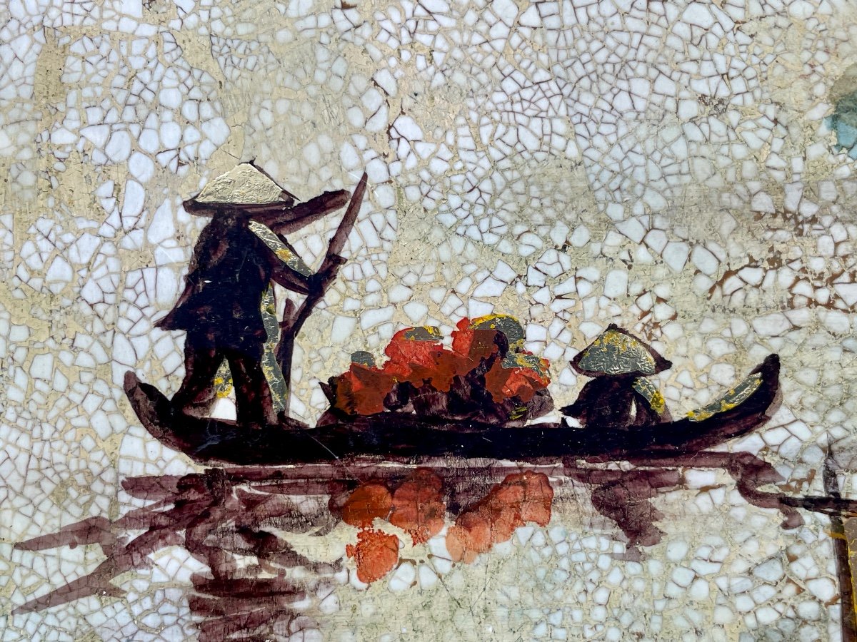 Hanoi School - Junks - Lacquer On Panel - Width: 61 Cm. -photo-2