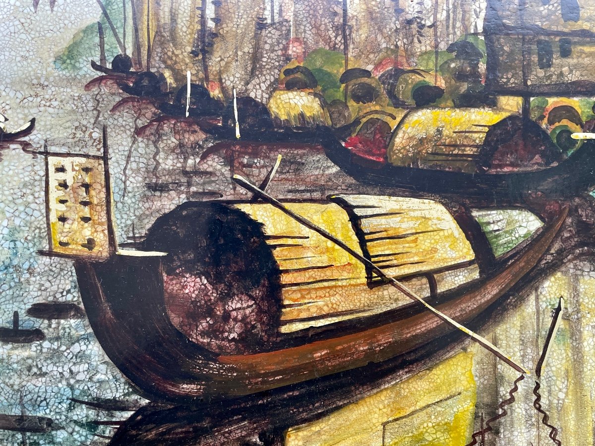 Hanoi School - Junks - Lacquer On Panel - Width: 61 Cm. -photo-3