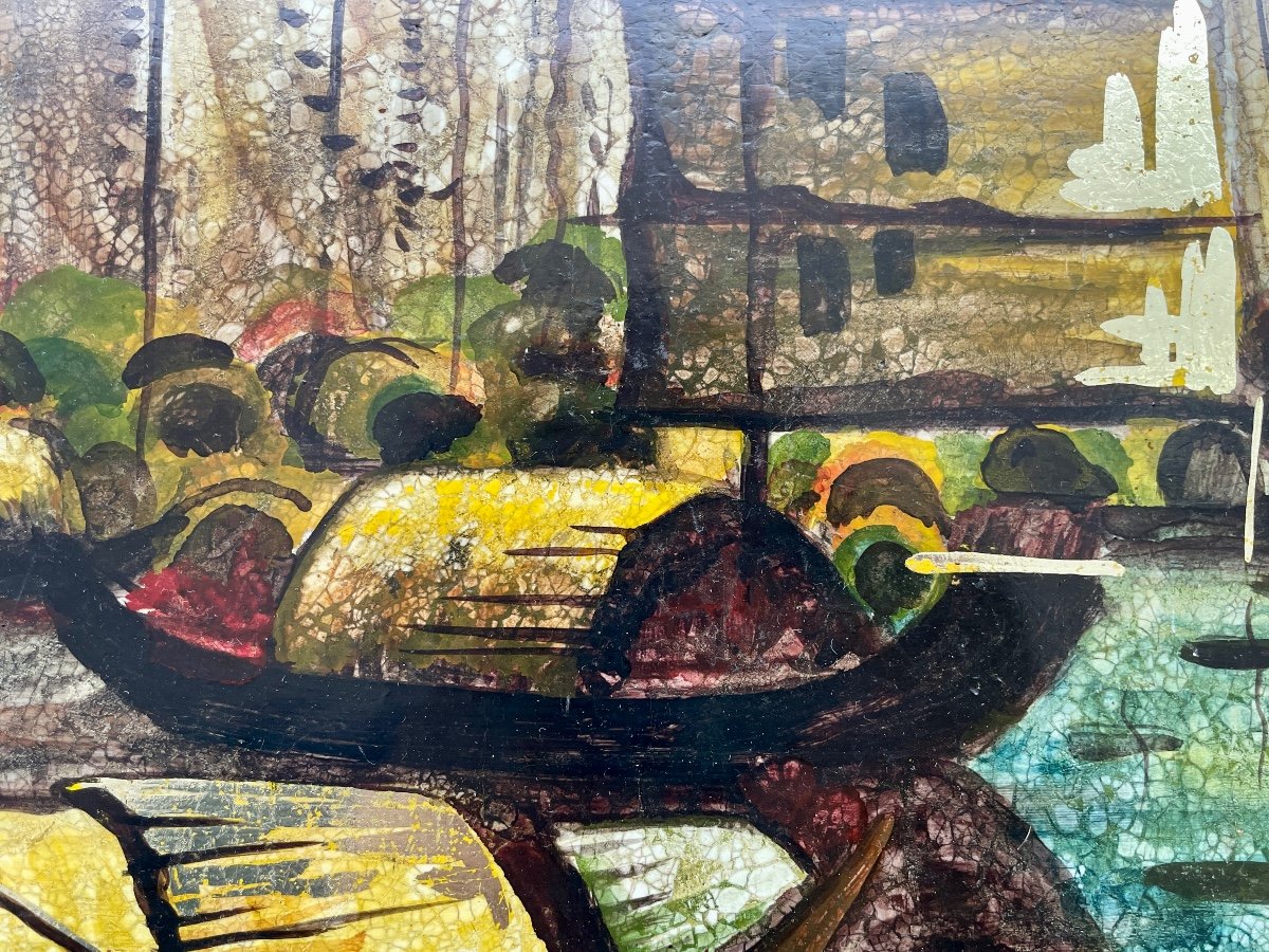 Hanoi School - Junks - Lacquer On Panel - Width: 61 Cm. -photo-4