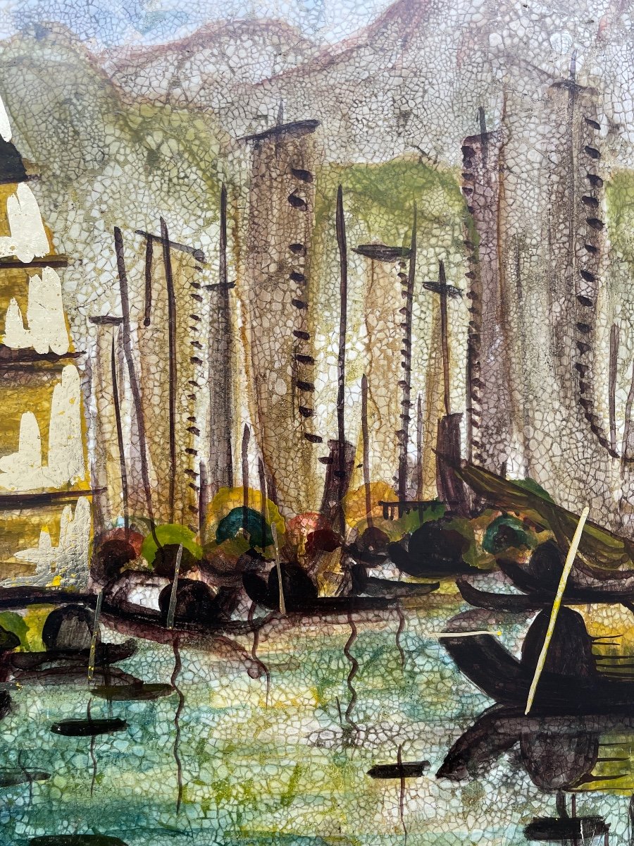 Hanoi School - Junks - Lacquer On Panel - Width: 61 Cm. -photo-2