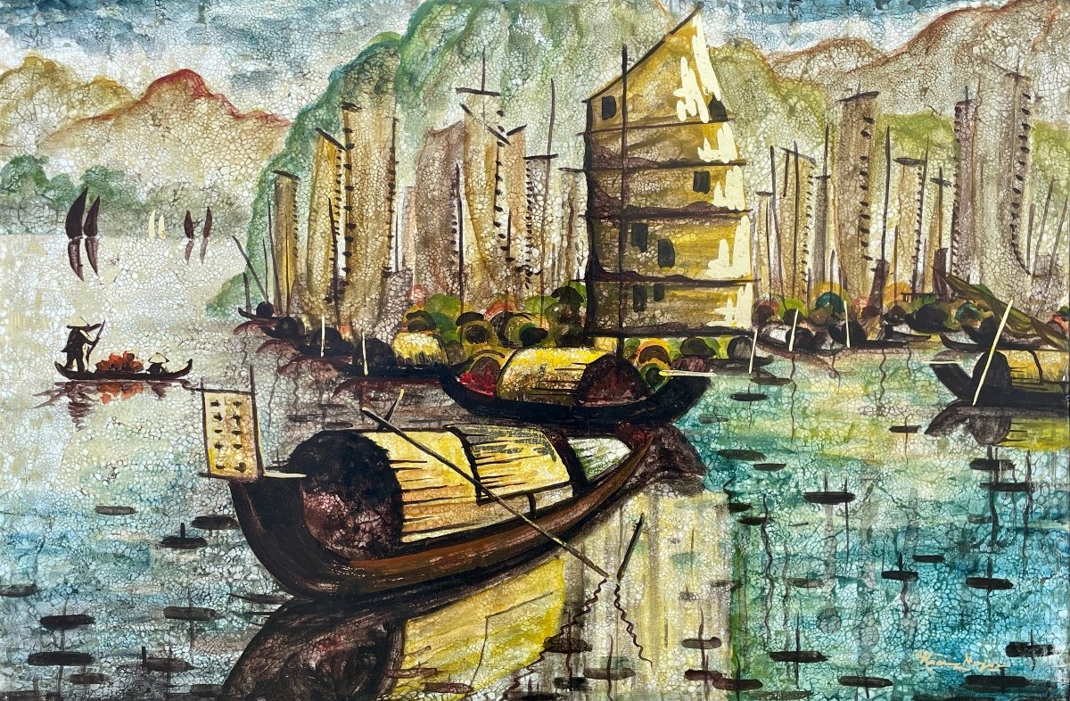 Hanoi School - Junks - Lacquer On Panel - Width: 61 Cm. 