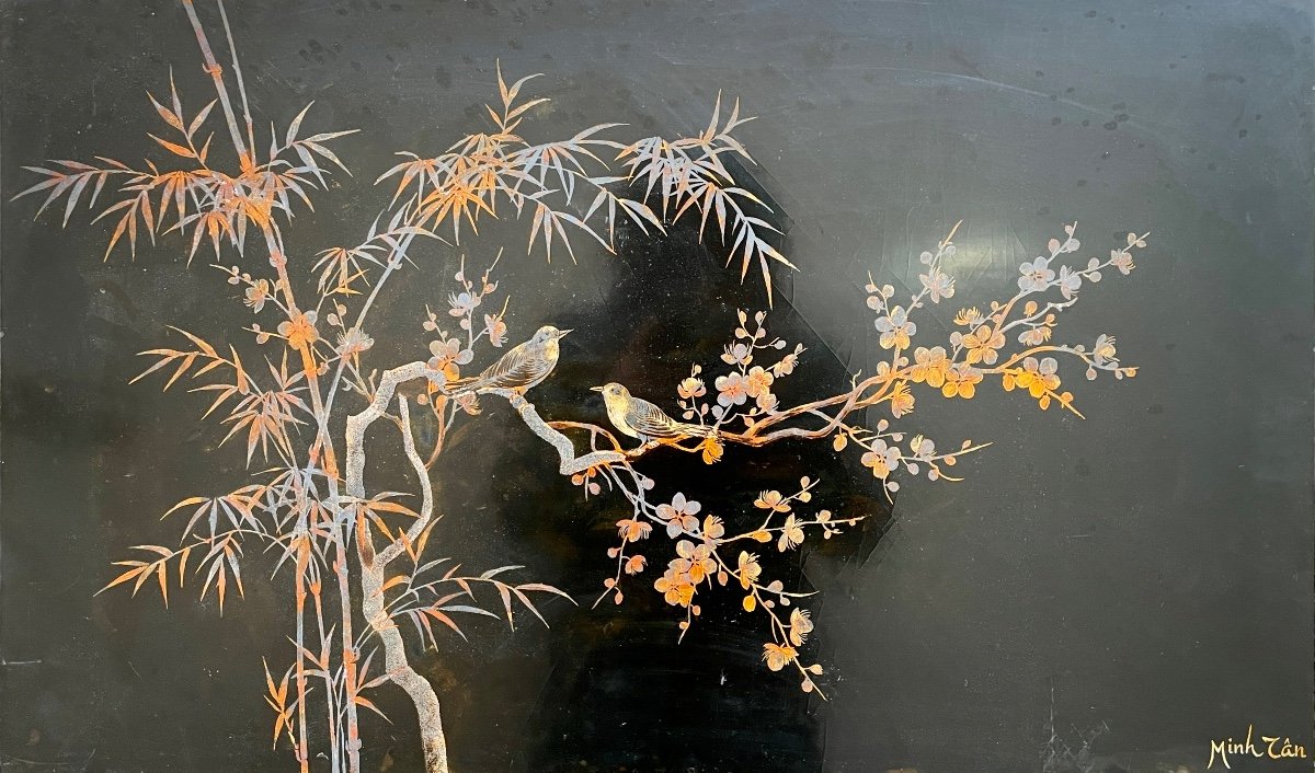 Minh Tân (20th Century) - Trendy Birds - Lacquer On Panel - Width. : 81 Cm. 