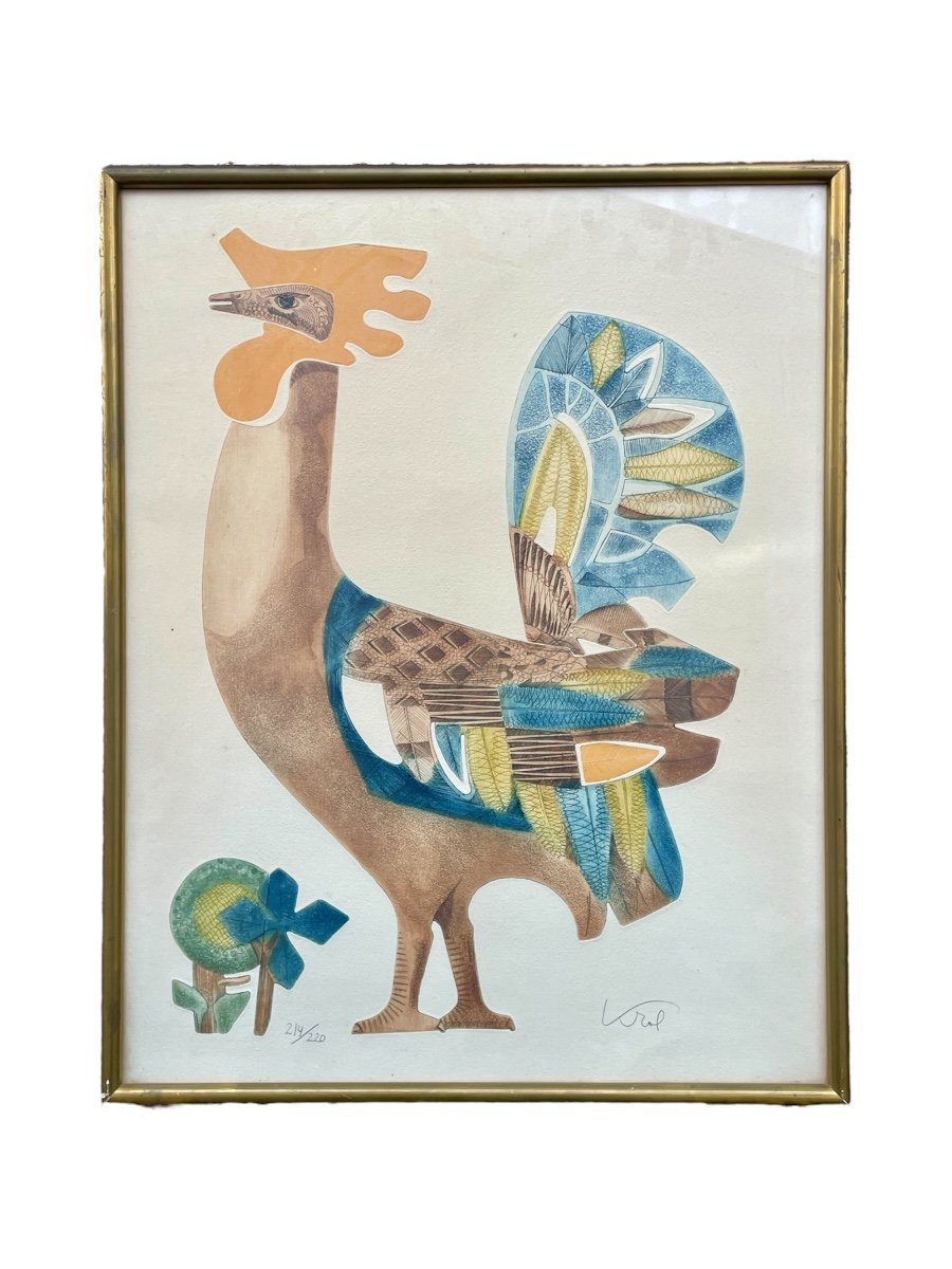 Abraham Krol (1919-2005) - Le Coq - Lithographie Encadrée- Haut. : 64 Cm. -photo-4