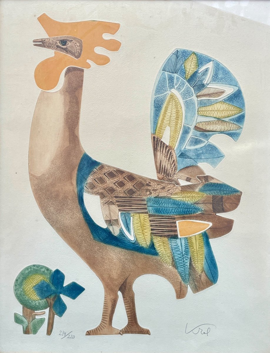 Abraham Krol (1919-2005) - Le Coq - Lithographie Encadrée- Haut. : 64 Cm. 