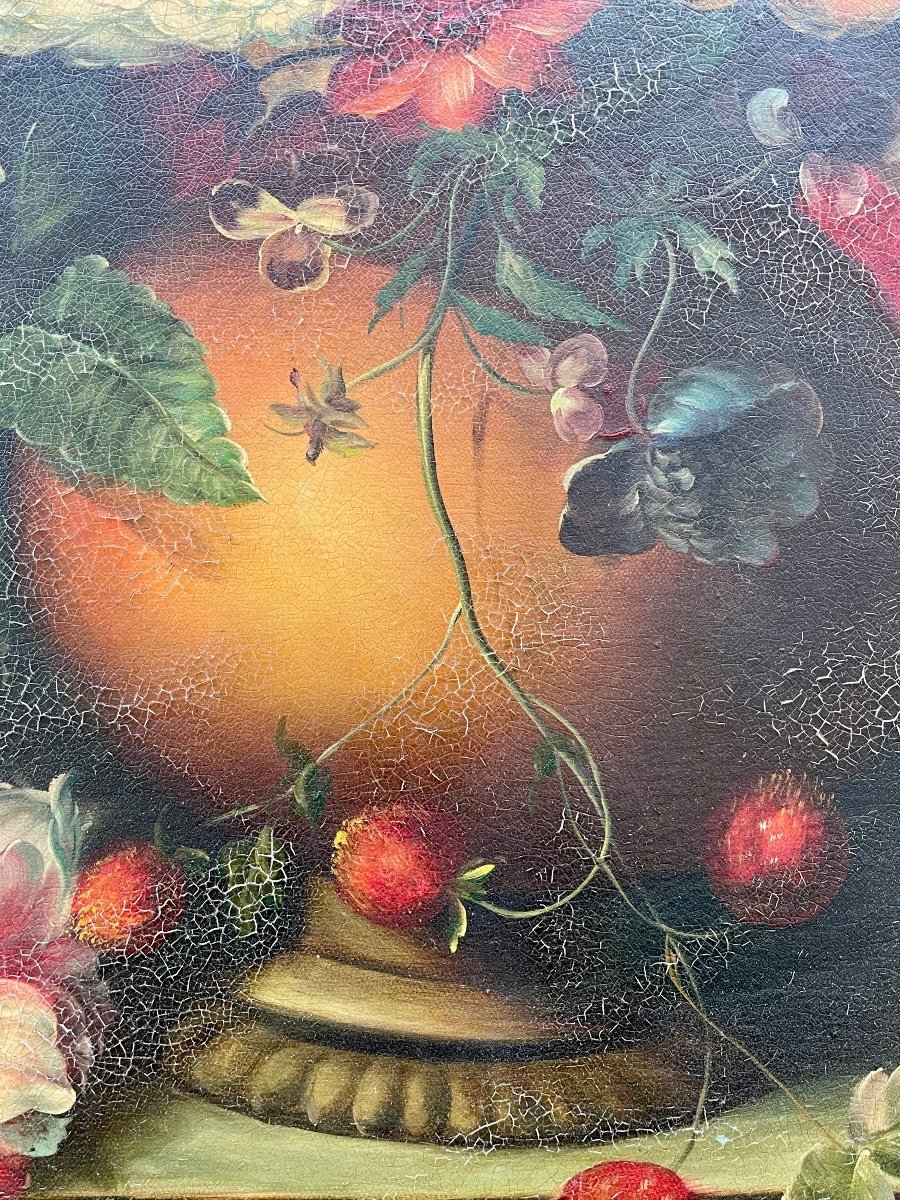 Gaspar (xxe) - Vase De Fleurs Sur Un Entablement - Huile Sur Toile - Haut . : 102 Cm. -photo-2