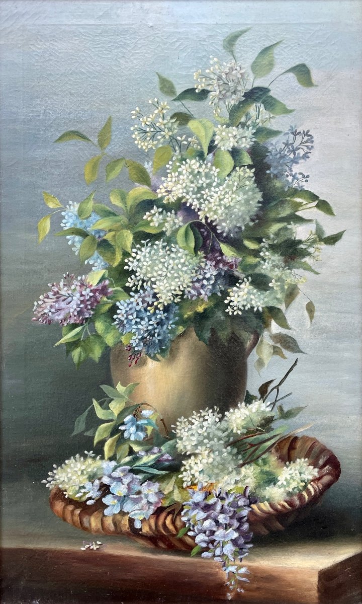 École Française Napoléon III - Vase Et Corbeille De Fleurs - Haut. : 90 Cm. 