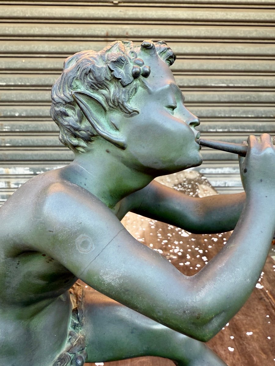 Edouard Drouot - Faun Playing With Aulos, Bronze With Green Patina - Height: 55 Cm. -photo-4