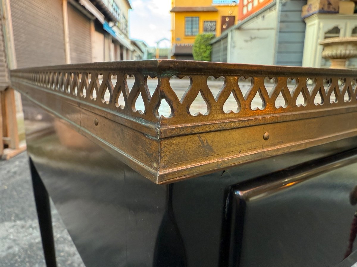 Black Lacquered Wood And Marble Flying Table, Louis XV Style - Height 75 Cm. -photo-3