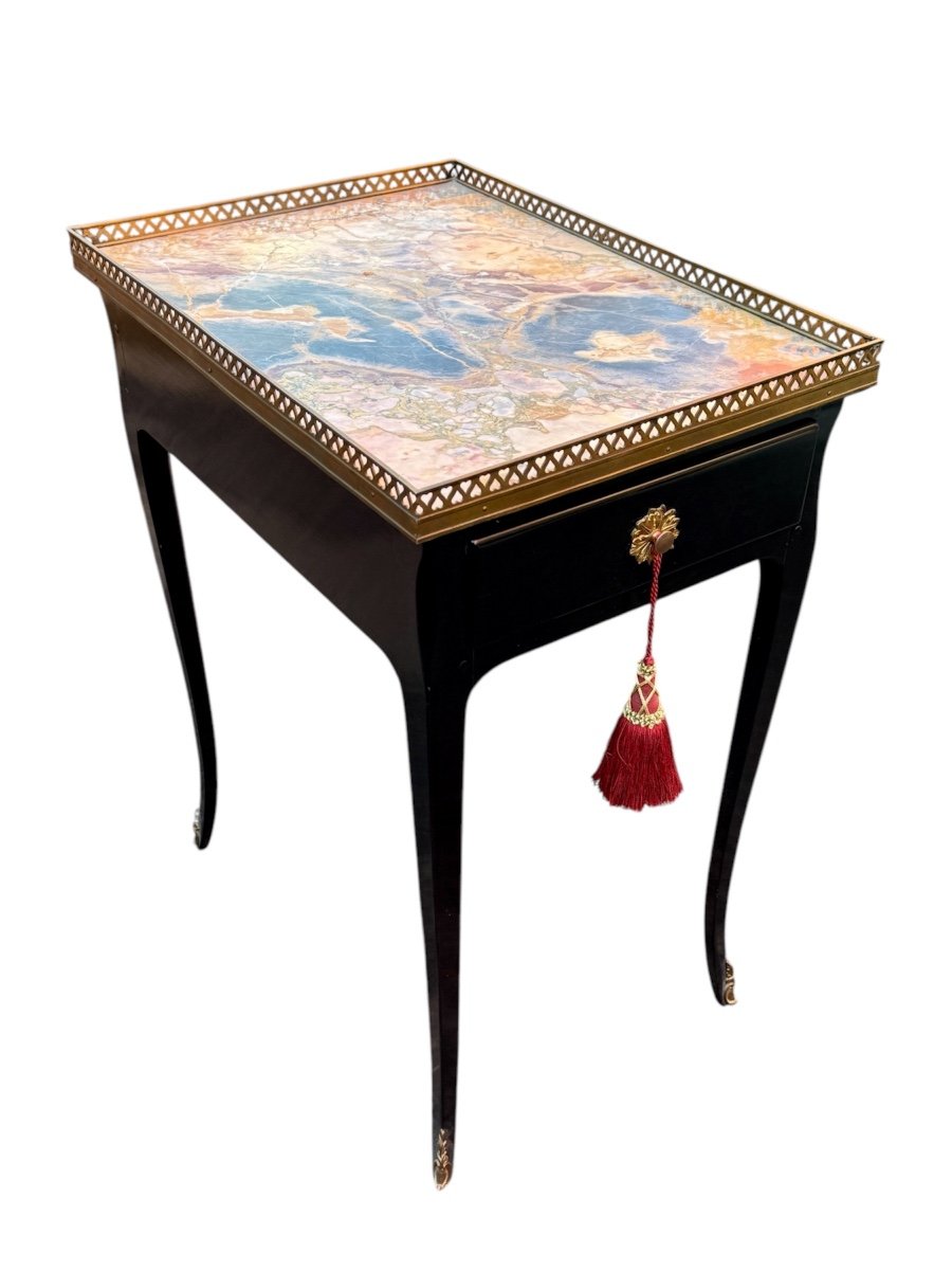 Black Lacquered Wood And Marble Flying Table, Louis XV Style - Height 75 Cm. 