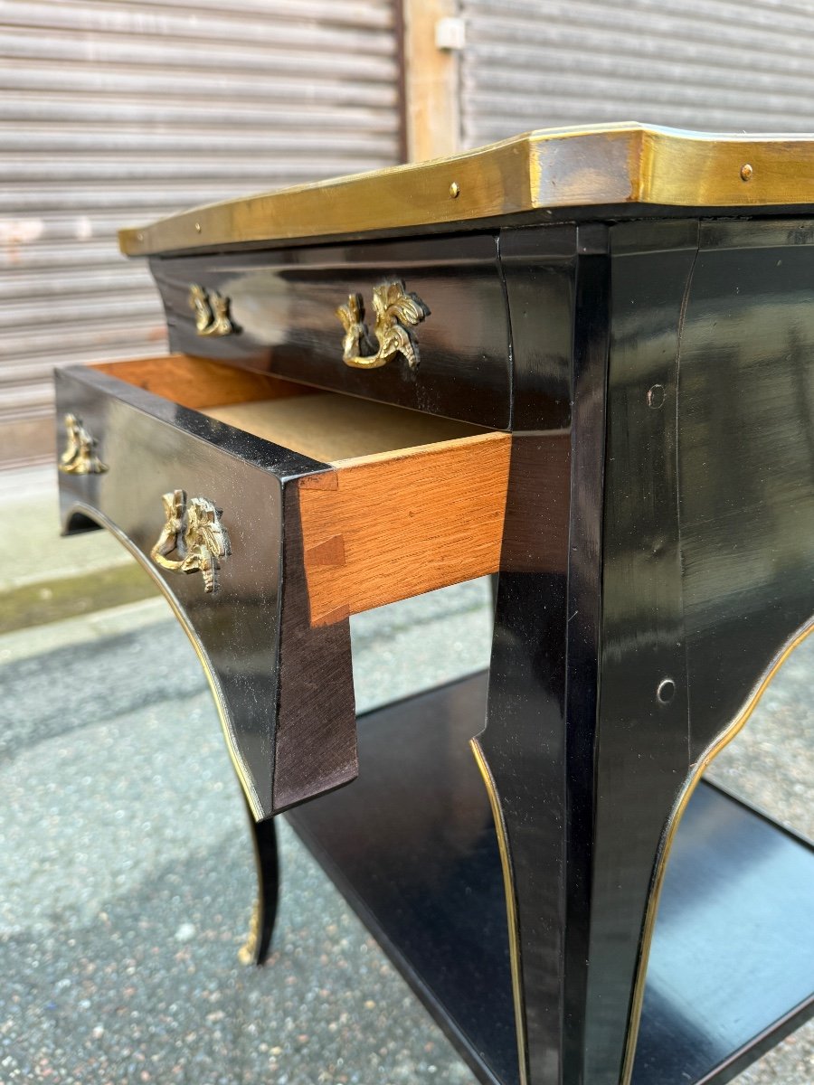 Pair Of Bedside Tables In Black Lacquered Wood And Breccia Marble, Louis XV Style - Height: 71 Cm. -photo-3