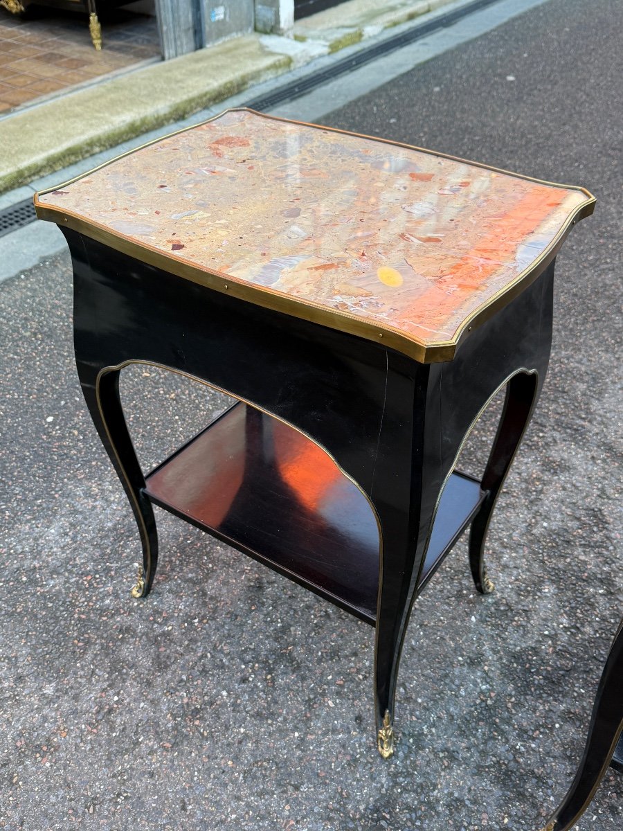 Pair Of Bedside Tables In Black Lacquered Wood And Breccia Marble, Louis XV Style - Height: 71 Cm. -photo-5