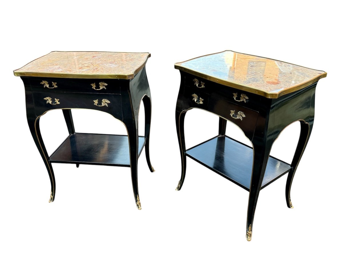 Pair Of Bedside Tables In Black Lacquered Wood And Breccia Marble, Louis XV Style - Height: 71 Cm. 