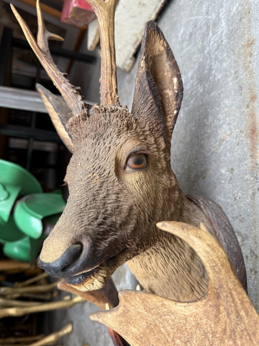 Black Forest Wall Clock In Polychrome Carved Wood And Deer Antlers - Height: 107 -photo-3