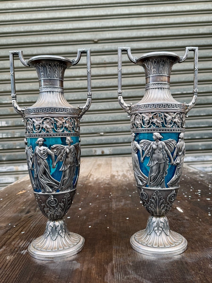 Pair Of Decorative Vases In Silver Metal And Blue Glass - Napoleon III Period - Height: 40 Cm.-photo-2