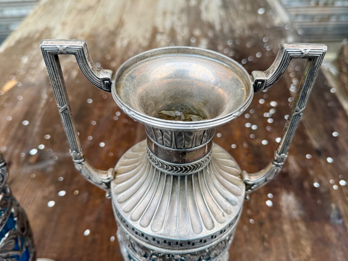 Pair Of Decorative Vases In Silver Metal And Blue Glass - Napoleon III Period - Height: 40 Cm.-photo-3