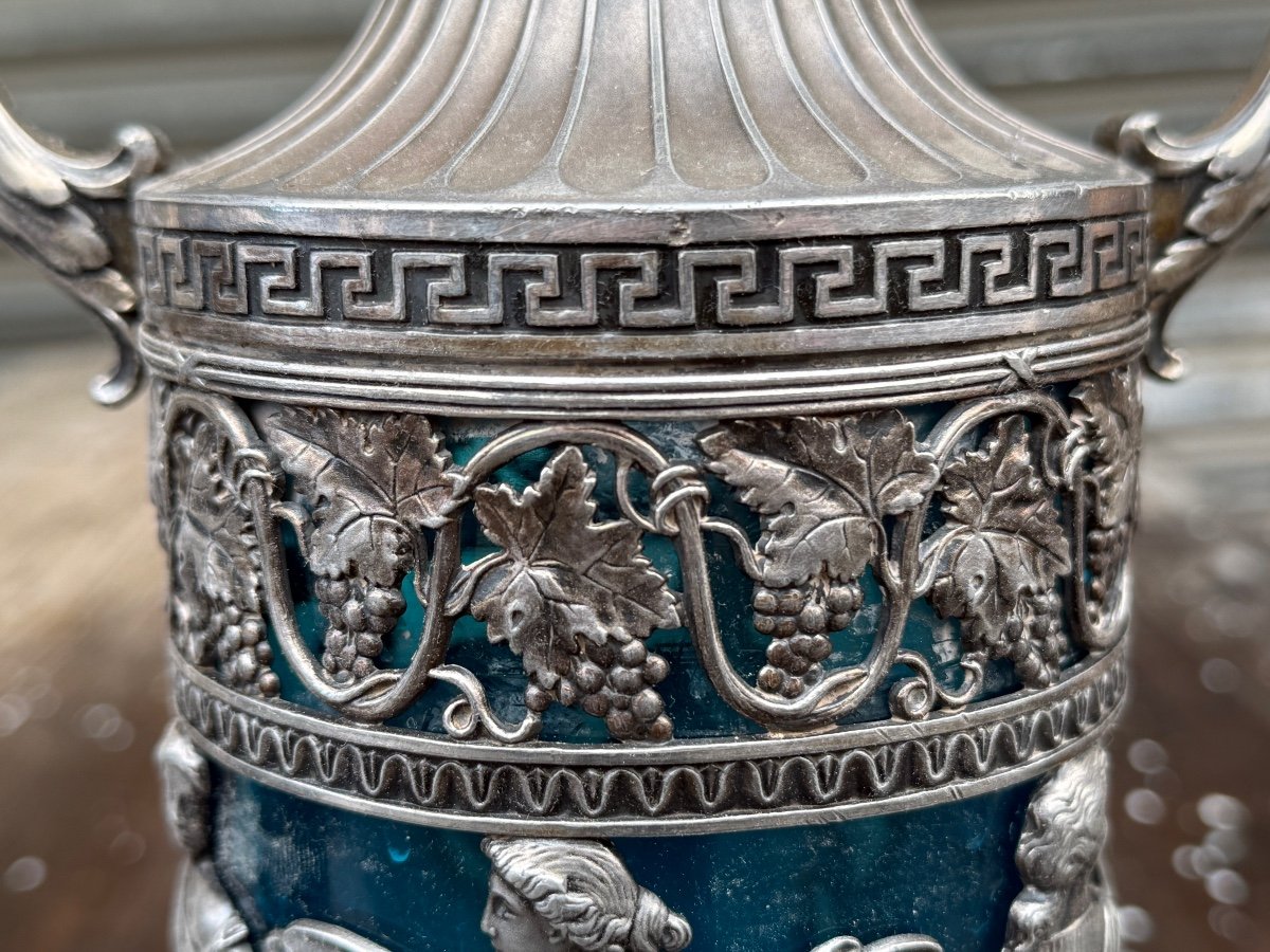 Pair Of Decorative Vases In Silver Metal And Blue Glass - Napoleon III Period - Height: 40 Cm.-photo-1