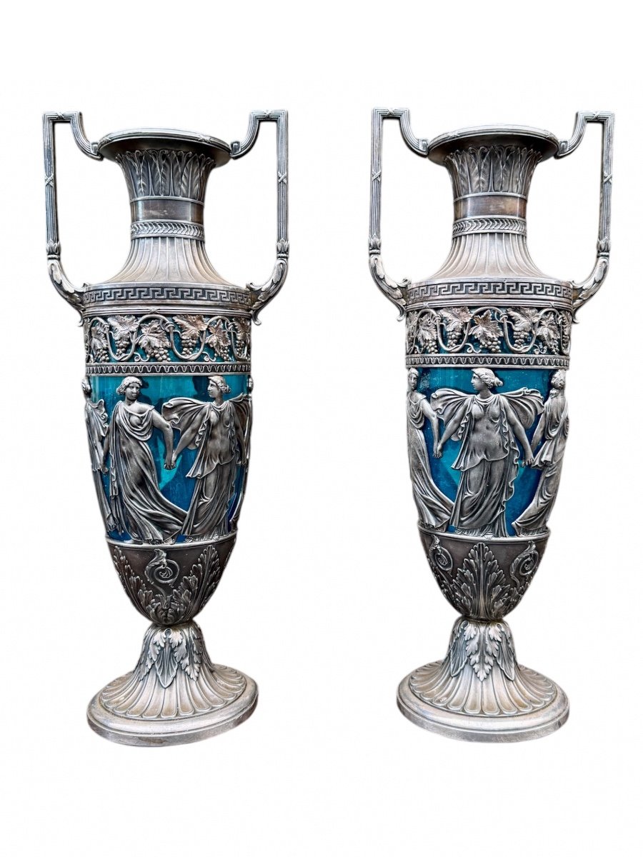 Pair Of Decorative Vases In Silver Metal And Blue Glass - Napoleon III Period - Height: 40 Cm.