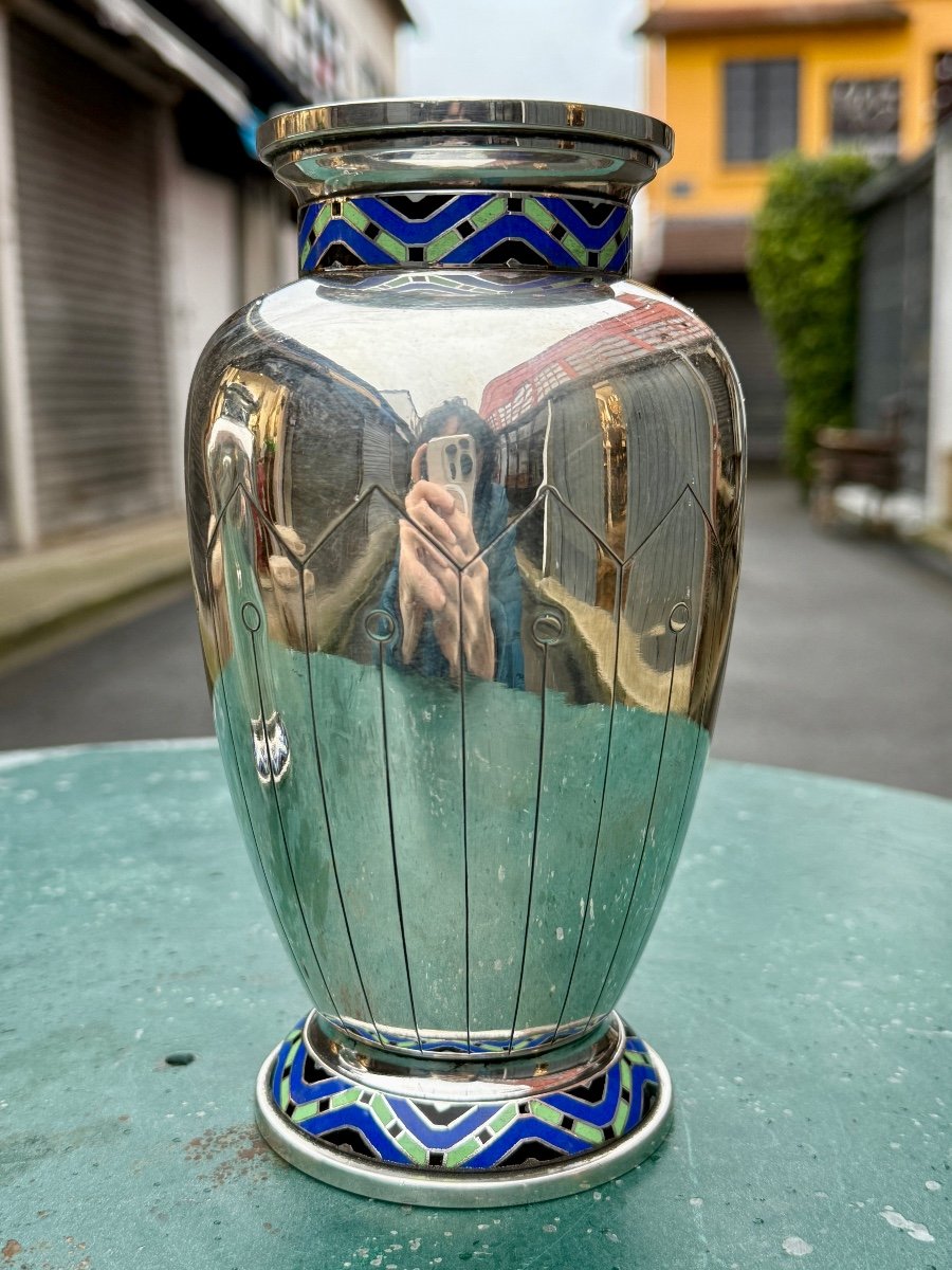 Art Déco - Paire De Vases En Métal Argenté Et émaillé - Haut. : 18 Cm. -photo-2