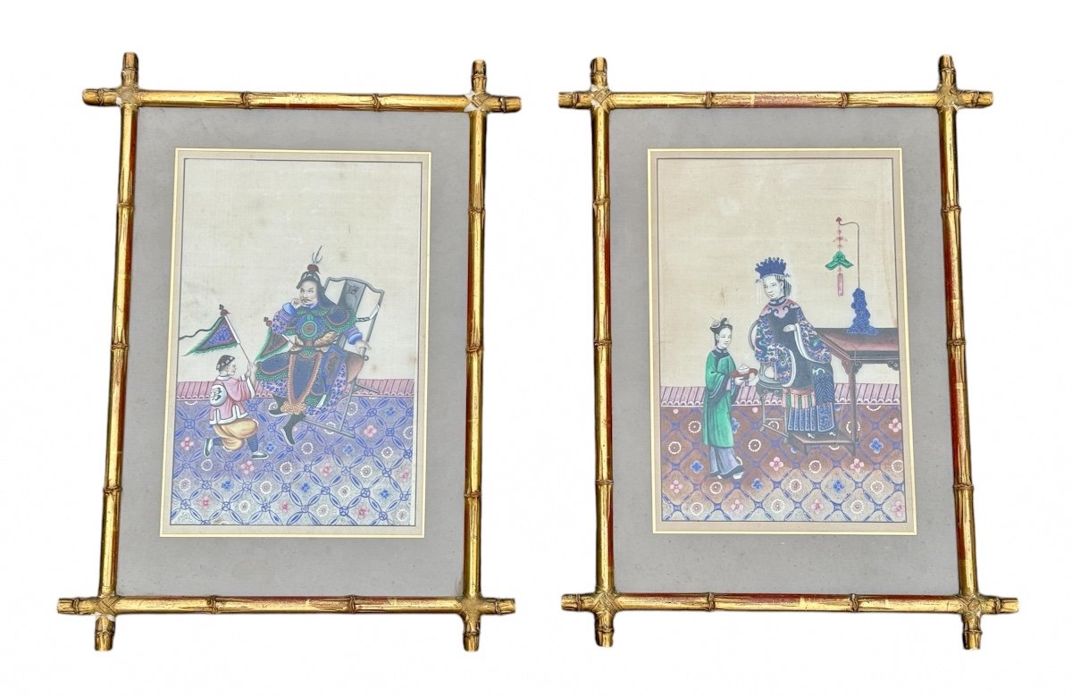 China - Pair Of Framed Canton Gouaches, Late 19th Century - Height 53 Cm. 