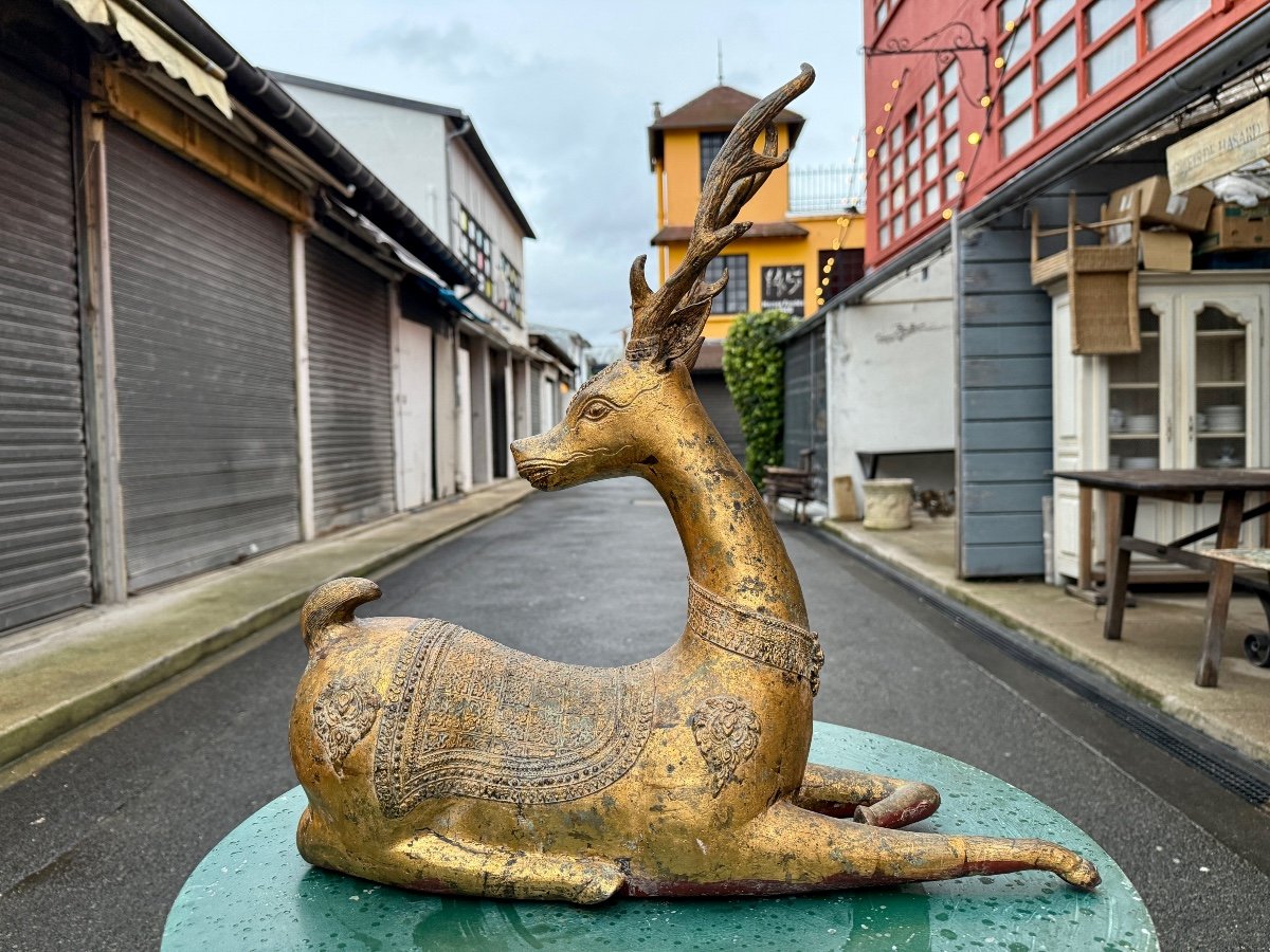 Siam / Thailand - Reclining Deer In Gilded Bronze - Height: 52 Cm. -photo-2