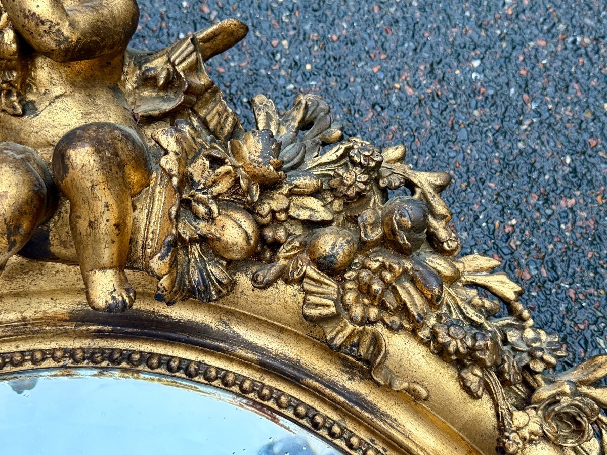 Important Miroir Oval En Bois Et Composition Dorés, Napoléon III - Haut. : 123 Cm. -photo-1