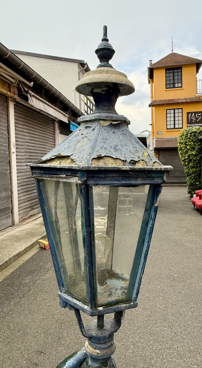 Napoleon III Lamppost In Cast Aluminum, The Lantern Supported By A Putto - H : 165 Cm.-photo-2