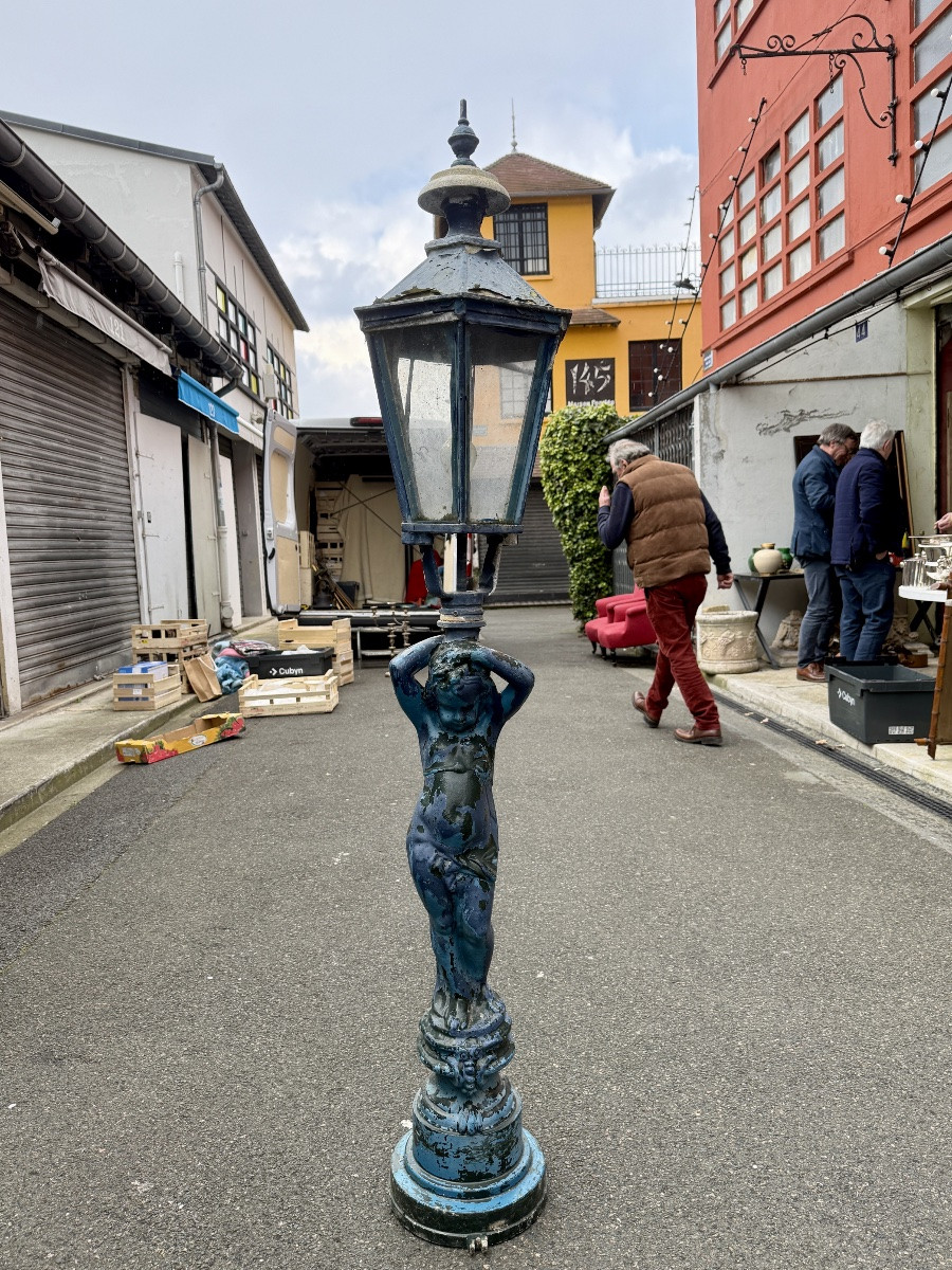 Napoleon III Lamppost In Cast Aluminum, The Lantern Supported By A Putto - H : 165 Cm.-photo-7