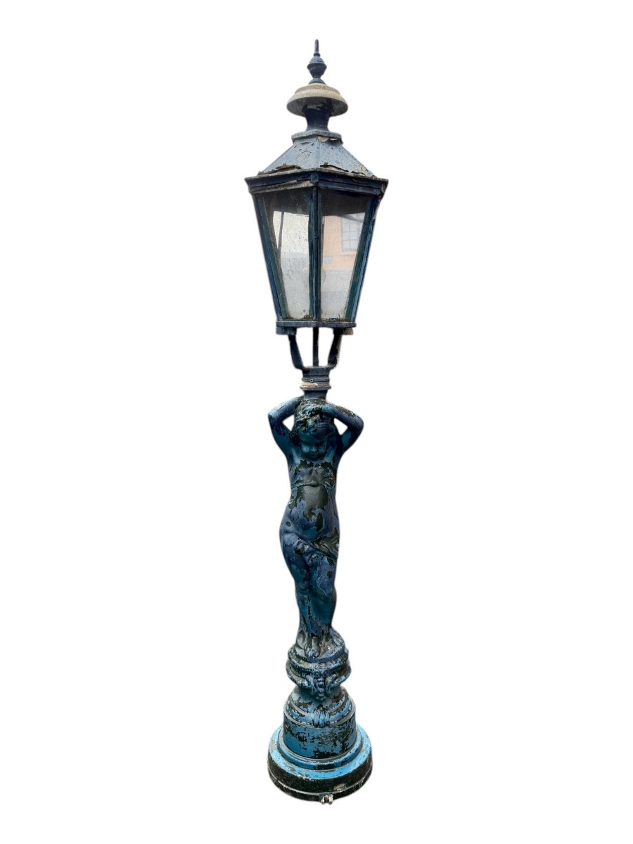 Napoleon III Lamppost In Cast Aluminum, The Lantern Supported By A Putto - H : 165 Cm.