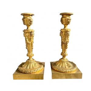 Paire De Flambeaux En Bronze Doré Napoléon III, Style Louis XVI. 