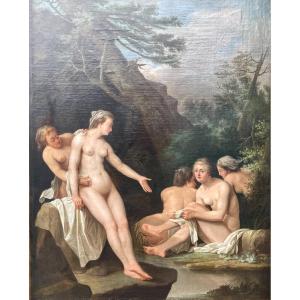 École française ou allemande du XVIIIe siècle - Huile sur toile - Femmes au bain.