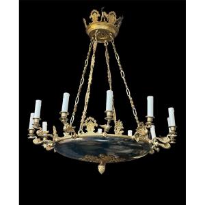 Important Empire Style Chandelier In Finely Chiseled And Gilded Bronze, H. 120 Cm.