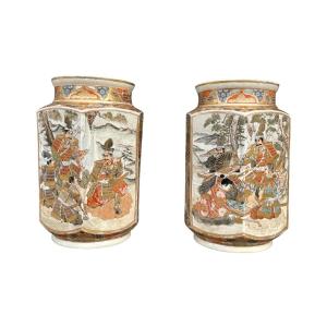 Satsuma - Pair Of Finely Decorated Hexagonal Vases.