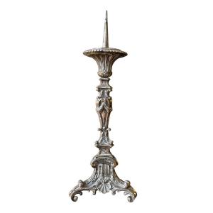 Elegant Candlestick In Silvered Bronze, 19th Century. 