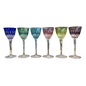 Suite Of Six Wine Glasses In Cut Colored Crystal - High. : 20 Cm. 