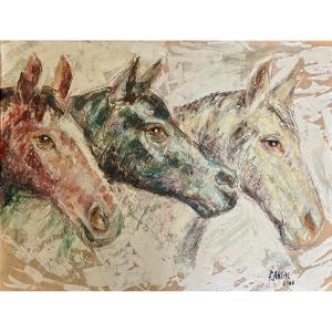 Francisco Arias - Three Horse Heads, Oil On Hardboard, Framed - H.: 50 Cm. 